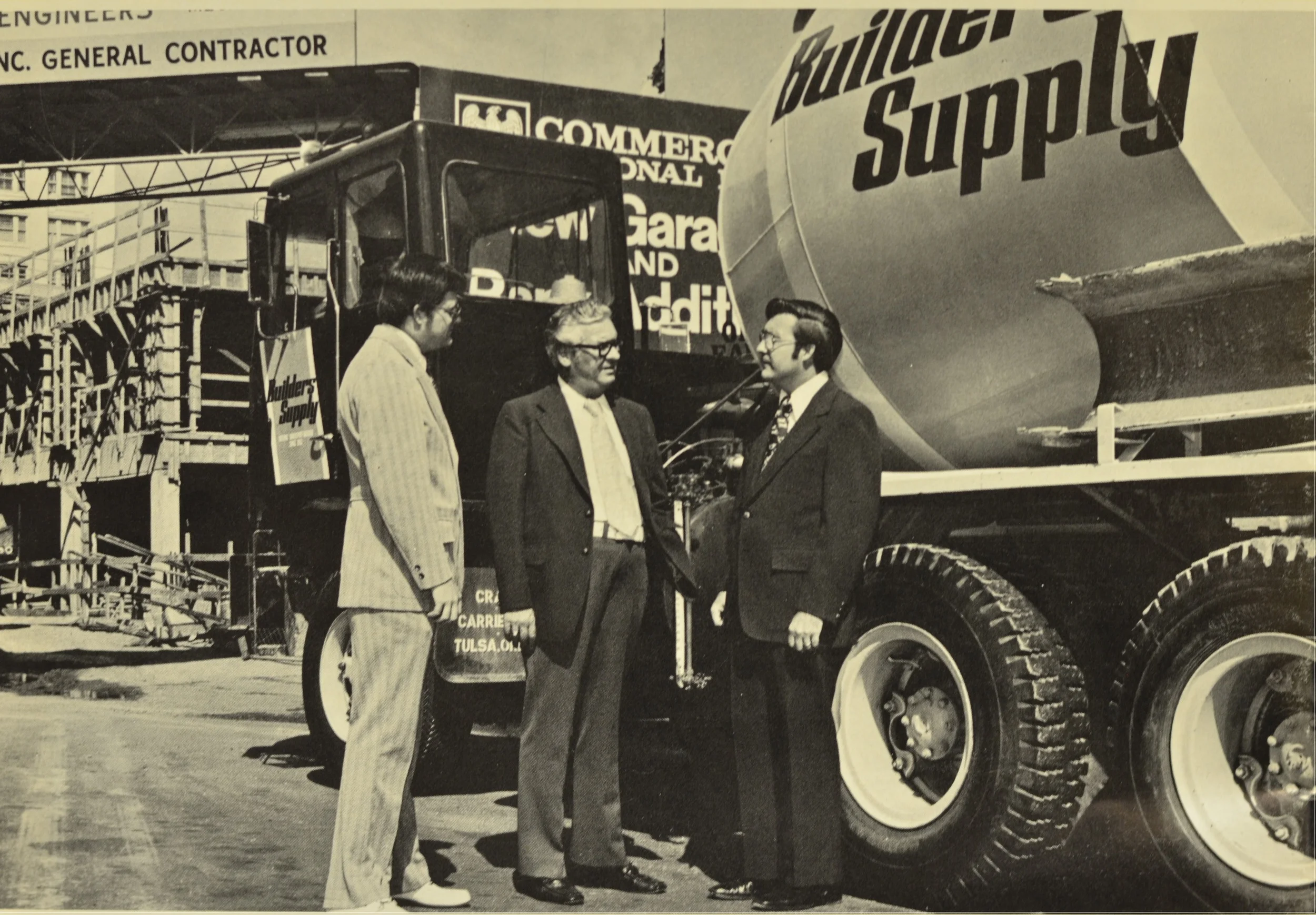  This picture from 1973 shows Bill and Grady Golden along with Ollie Moore during the construction of the Commercial National Bank parking garage.    